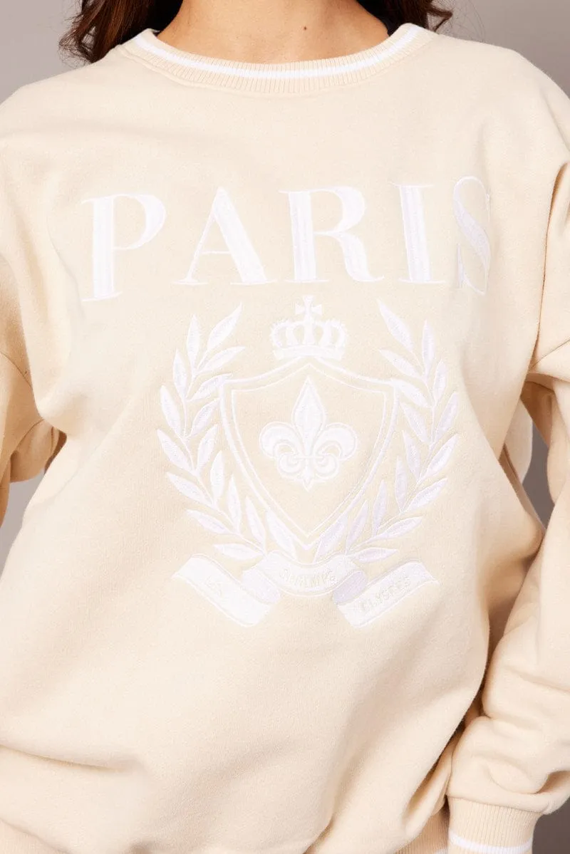 Beige Graphic Sweater Long Sleeve