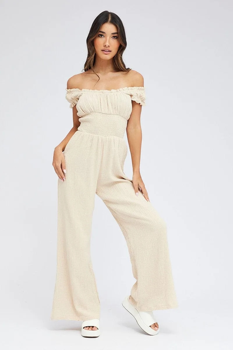 Beige Jumpsuit Short Sleeve Off Shoulder Shirred Cotton