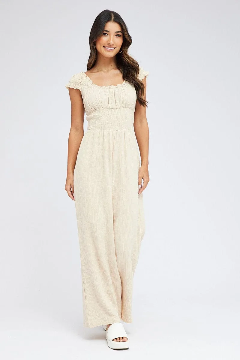 Beige Jumpsuit Short Sleeve Off Shoulder Shirred Cotton