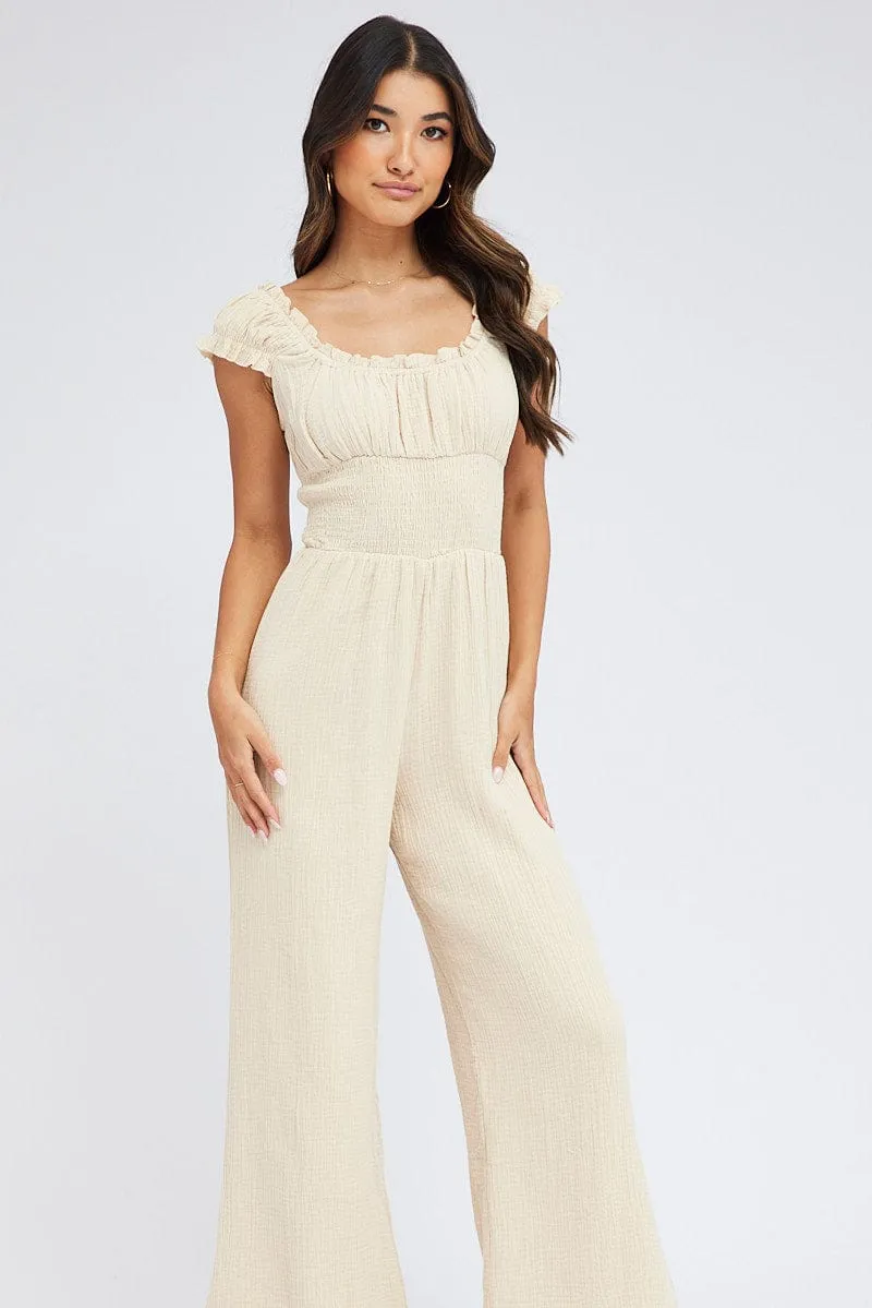 Beige Jumpsuit Short Sleeve Off Shoulder Shirred Cotton