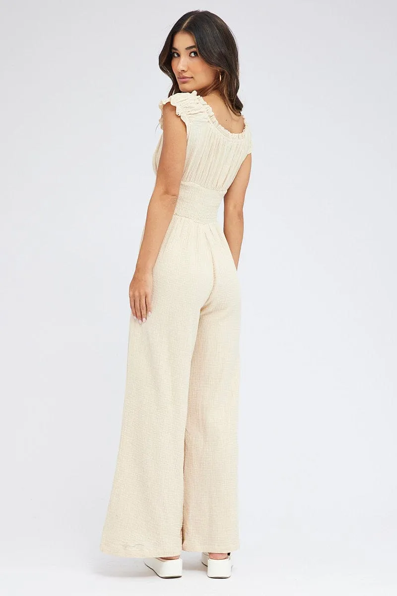 Beige Jumpsuit Short Sleeve Off Shoulder Shirred Cotton