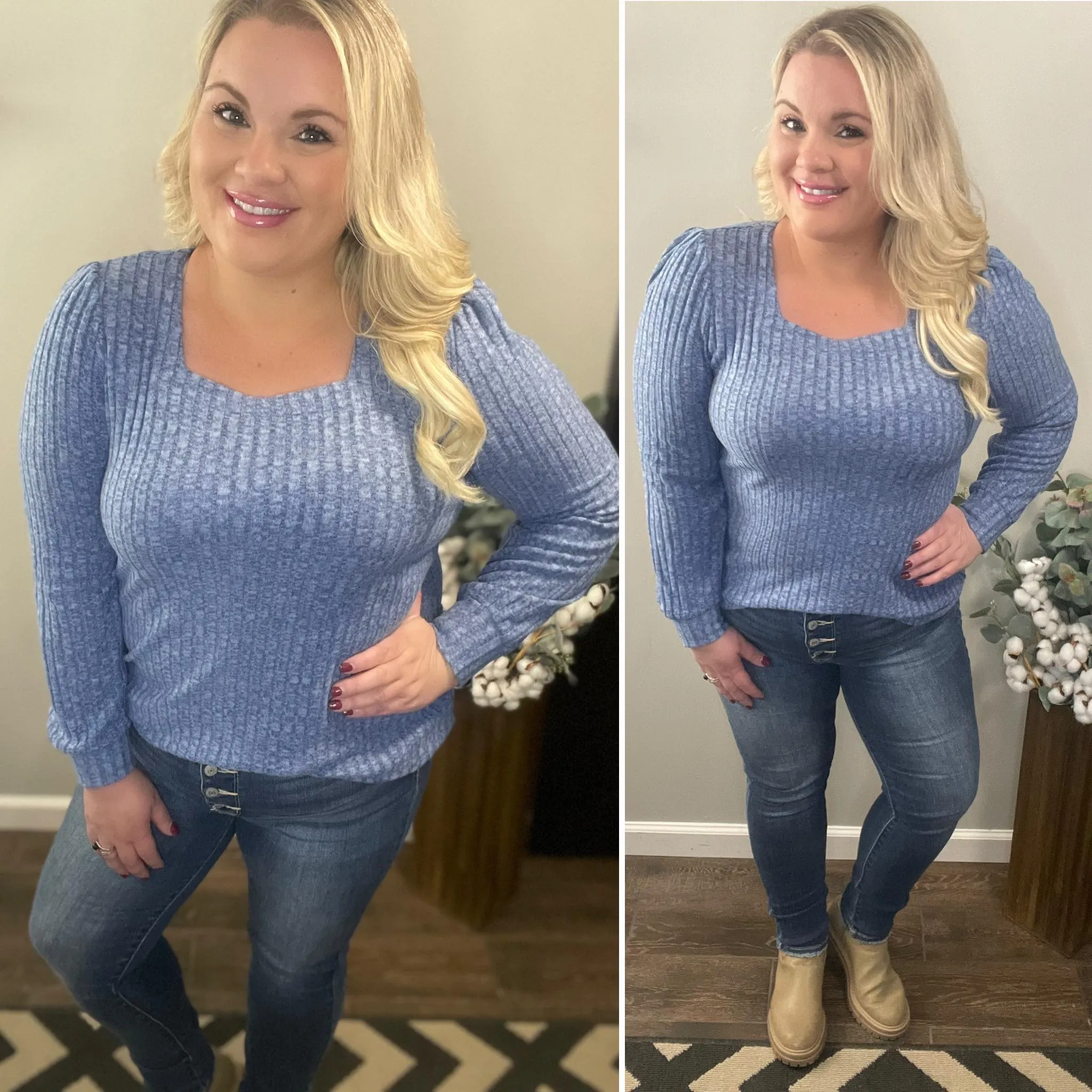 Blue Square Neck Bubble Long Sleeved Top