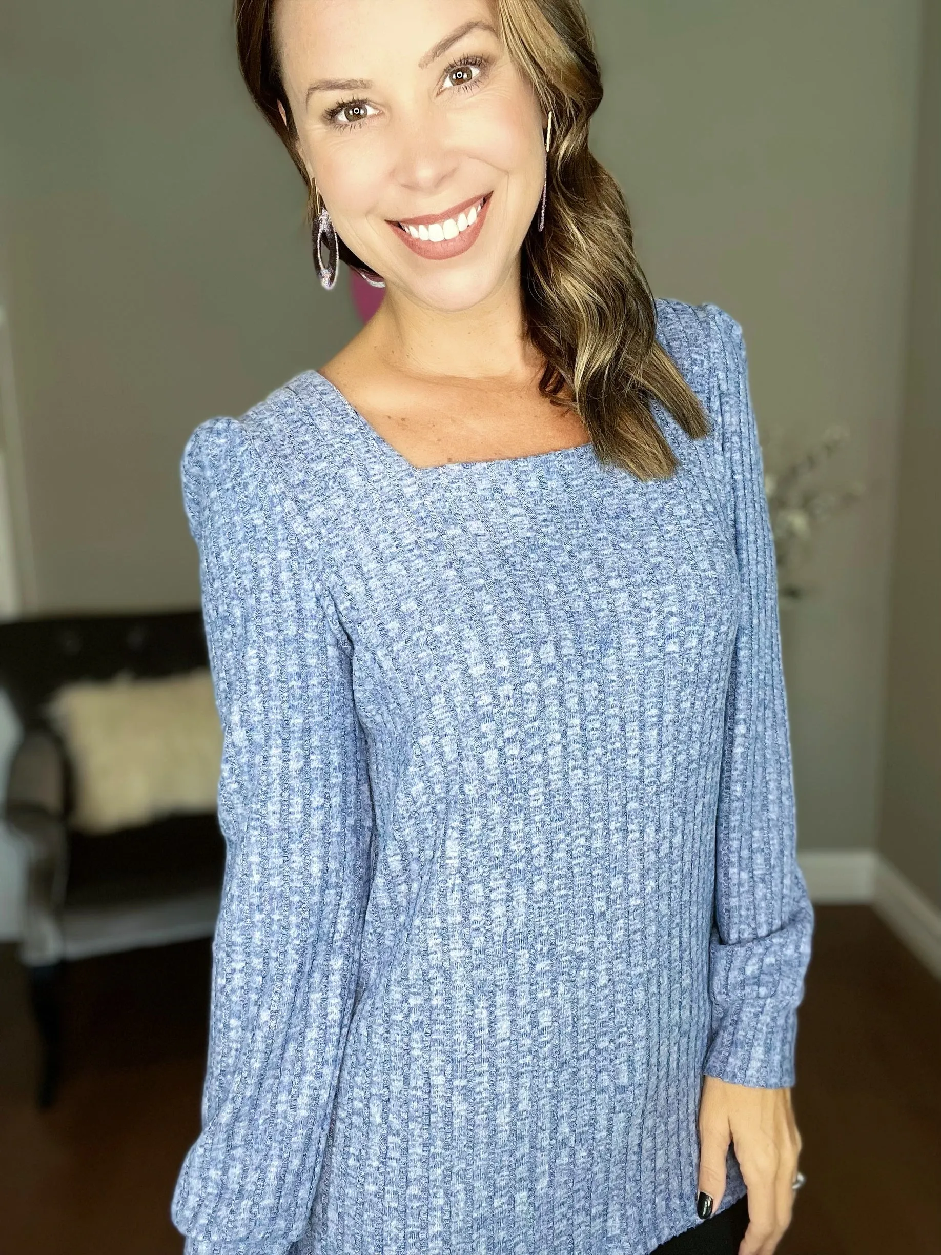 Blue Square Neck Bubble Long Sleeved Top