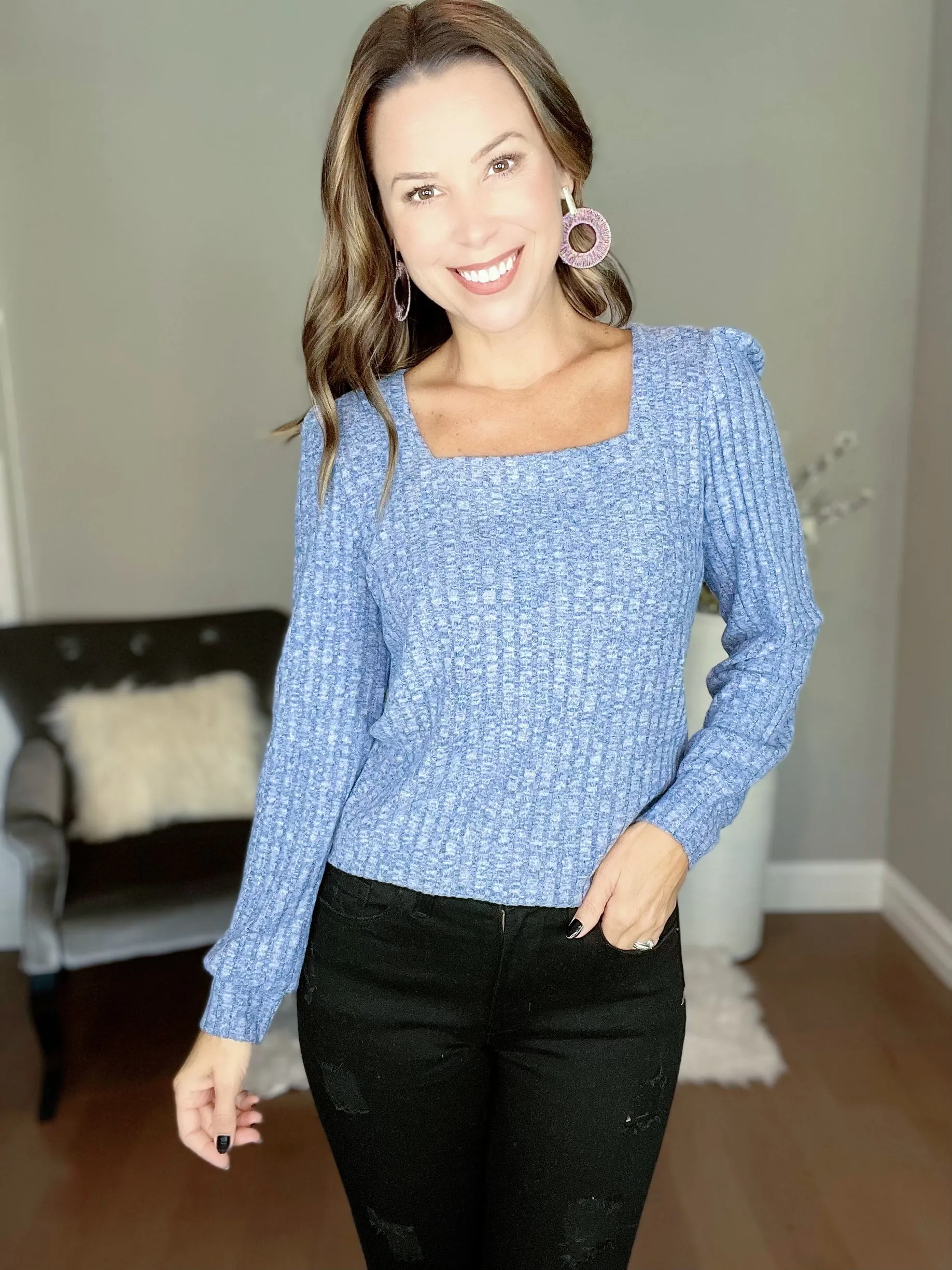 Blue Square Neck Bubble Long Sleeved Top