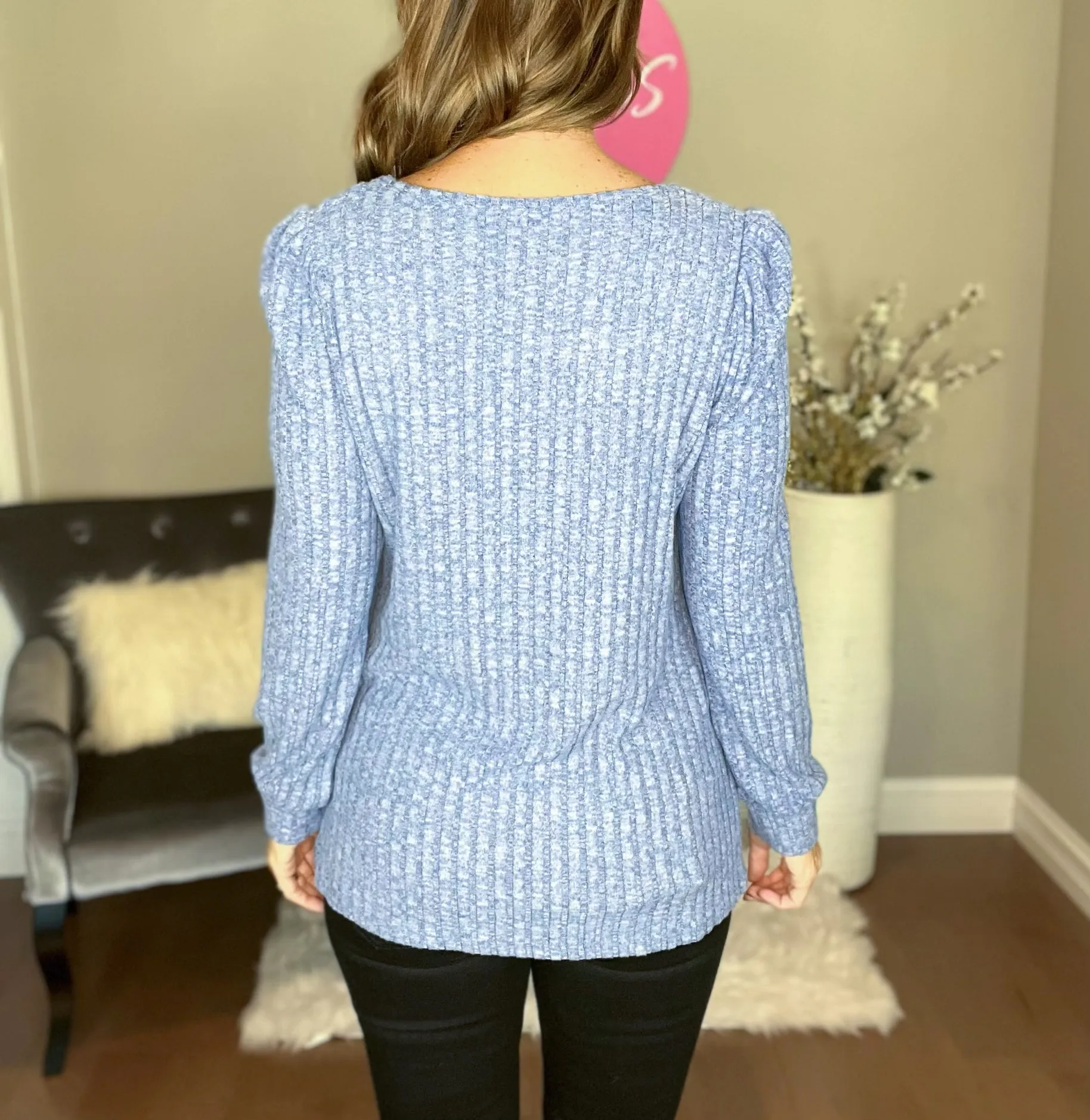 Blue Square Neck Bubble Long Sleeved Top