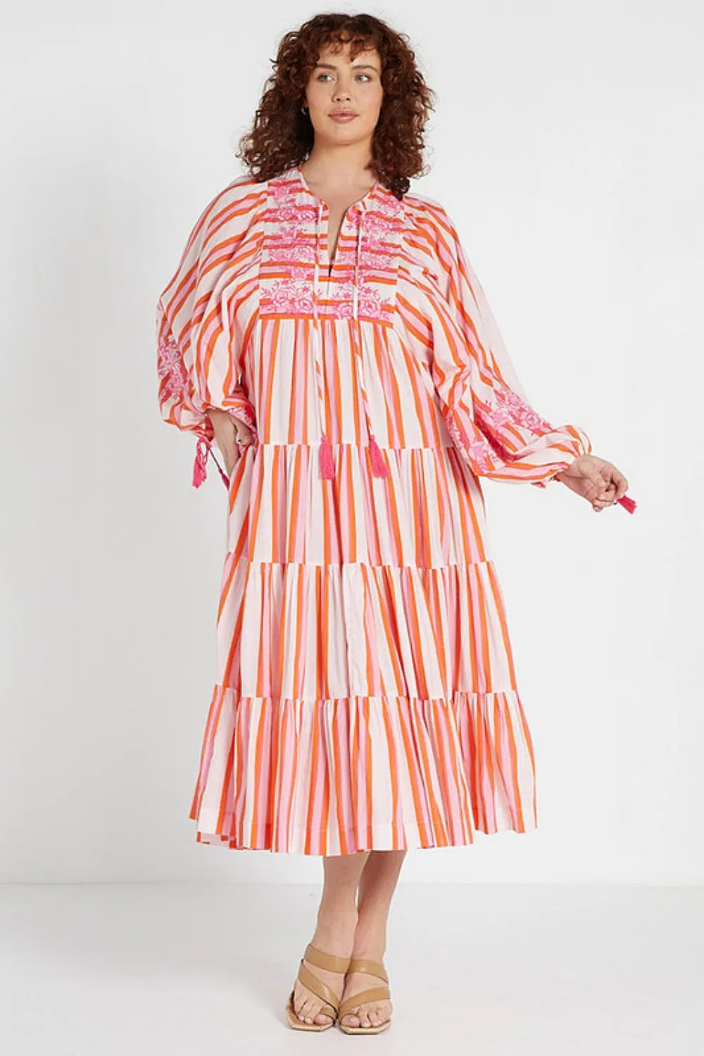 BOHO MIDI DRESS PINK MULTI STRIPE