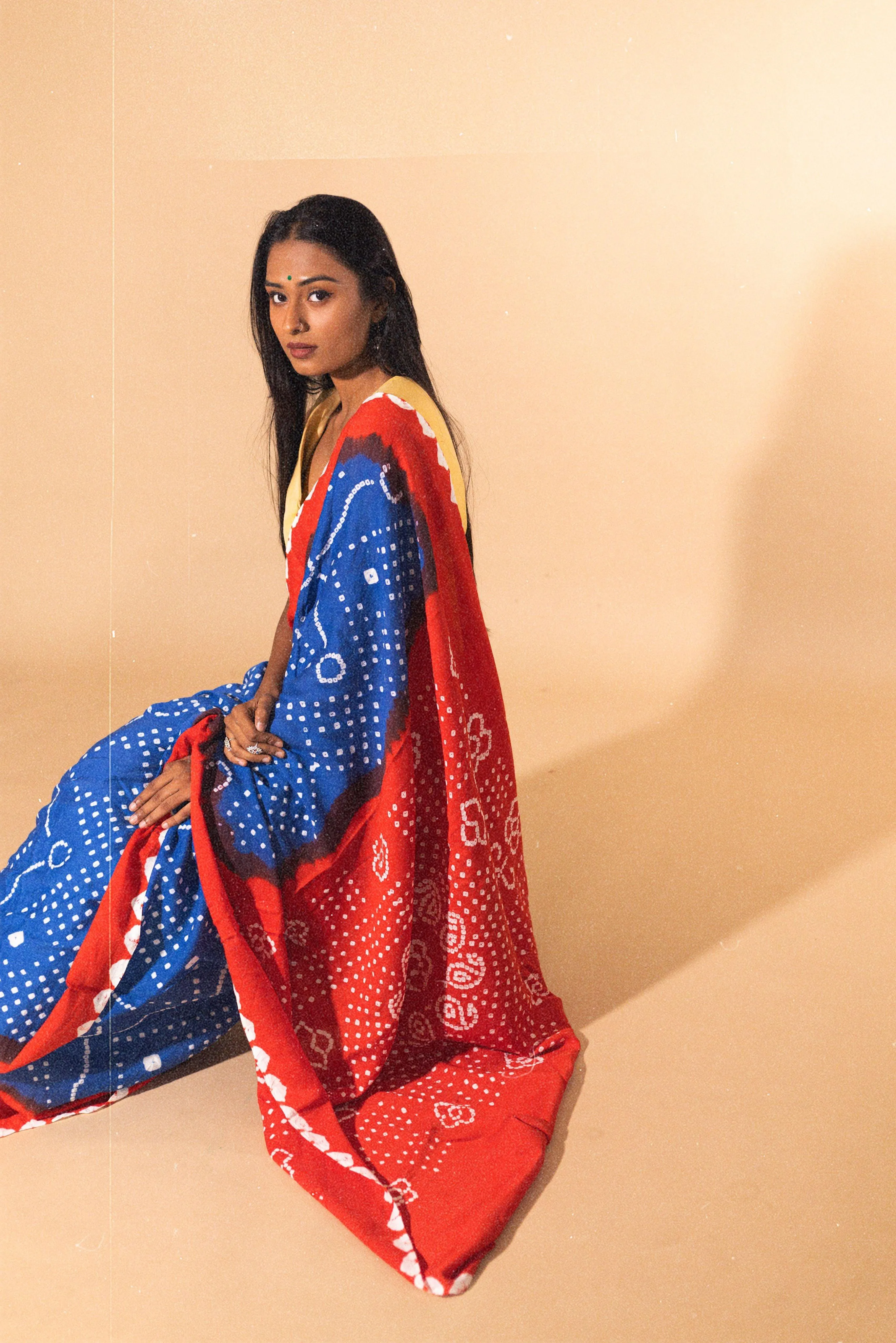 Boond - Kaisori Bandhani orange and blue Bandani  cotton designer saree