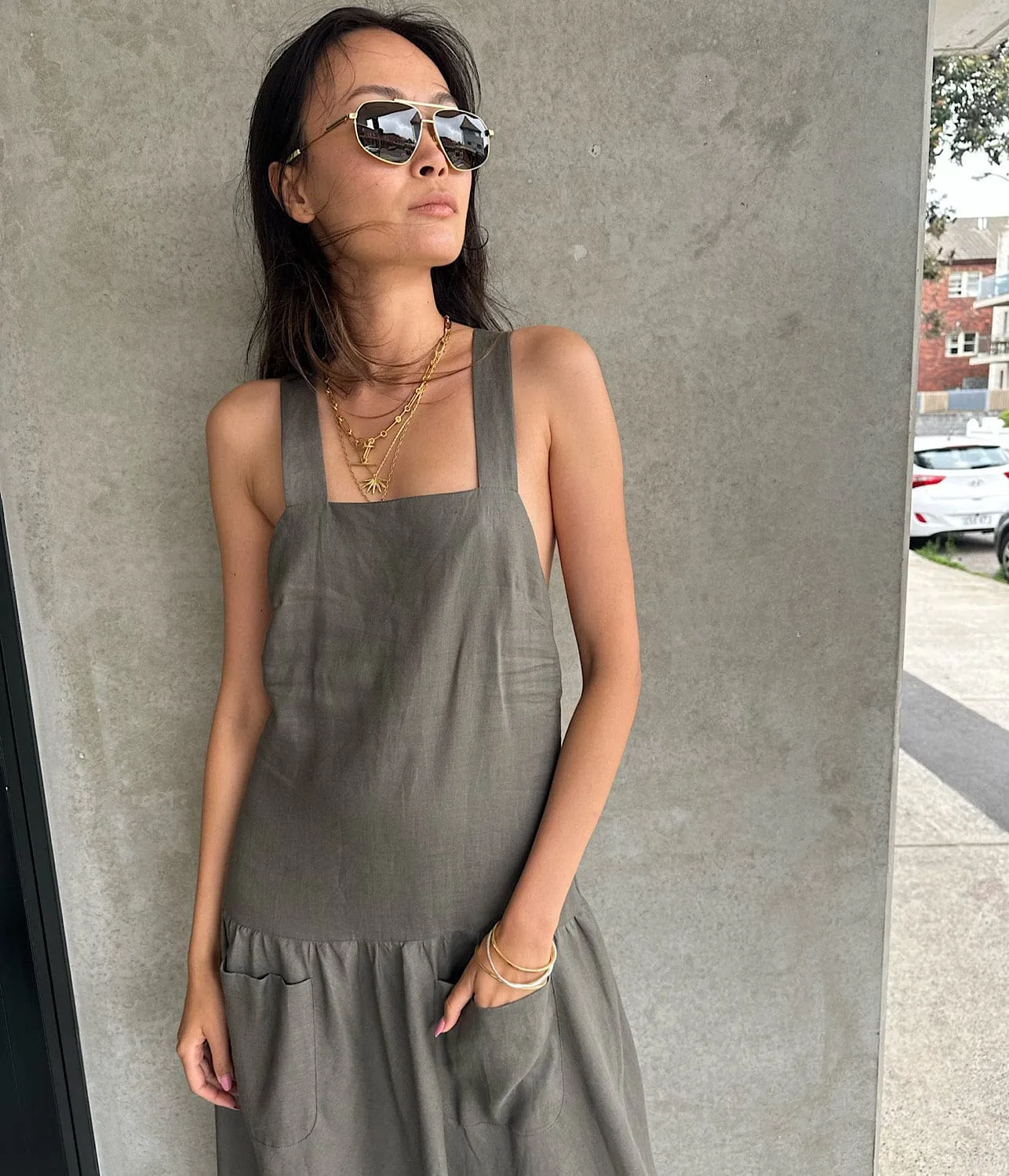 CROSS BACK DRESS- KHAKI