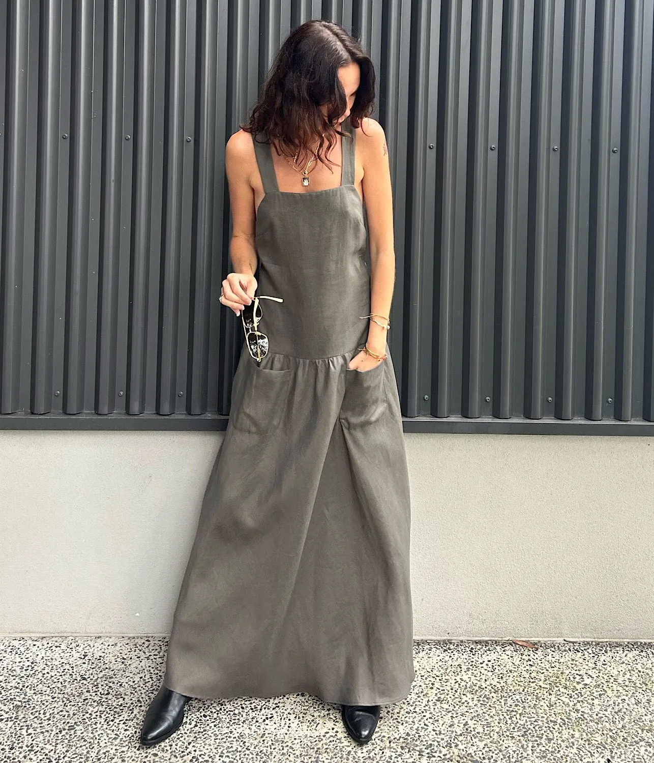 CROSS BACK DRESS- KHAKI