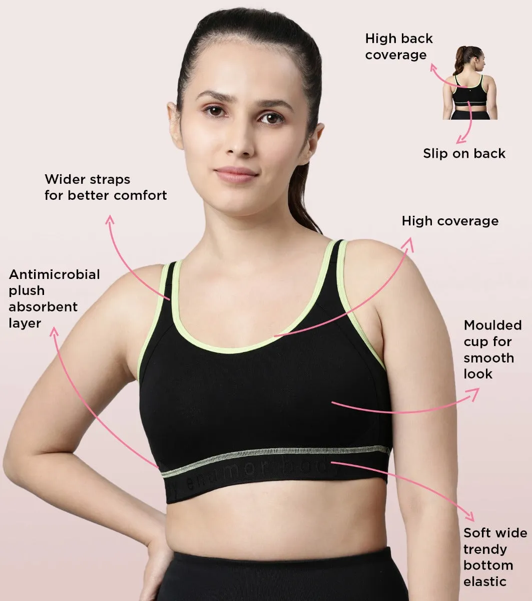 Enamor Agion SB28 Antimicrobial Side Shaper Active Sports Bra for Women - Non Padded, Wirefree and High Coverage - Black