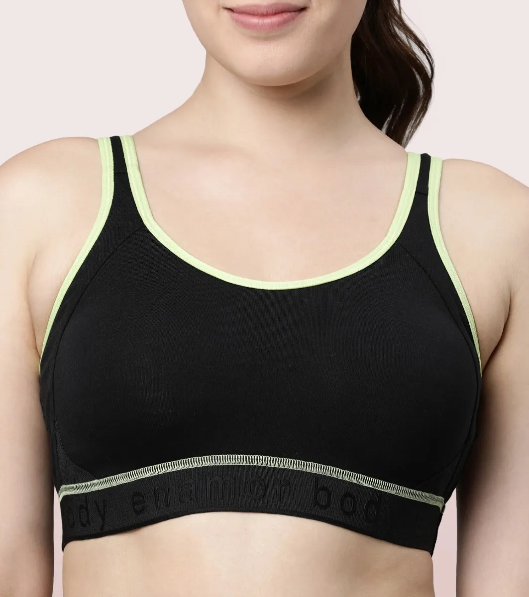 Enamor Agion SB28 Antimicrobial Side Shaper Active Sports Bra for Women - Non Padded, Wirefree and High Coverage - Black