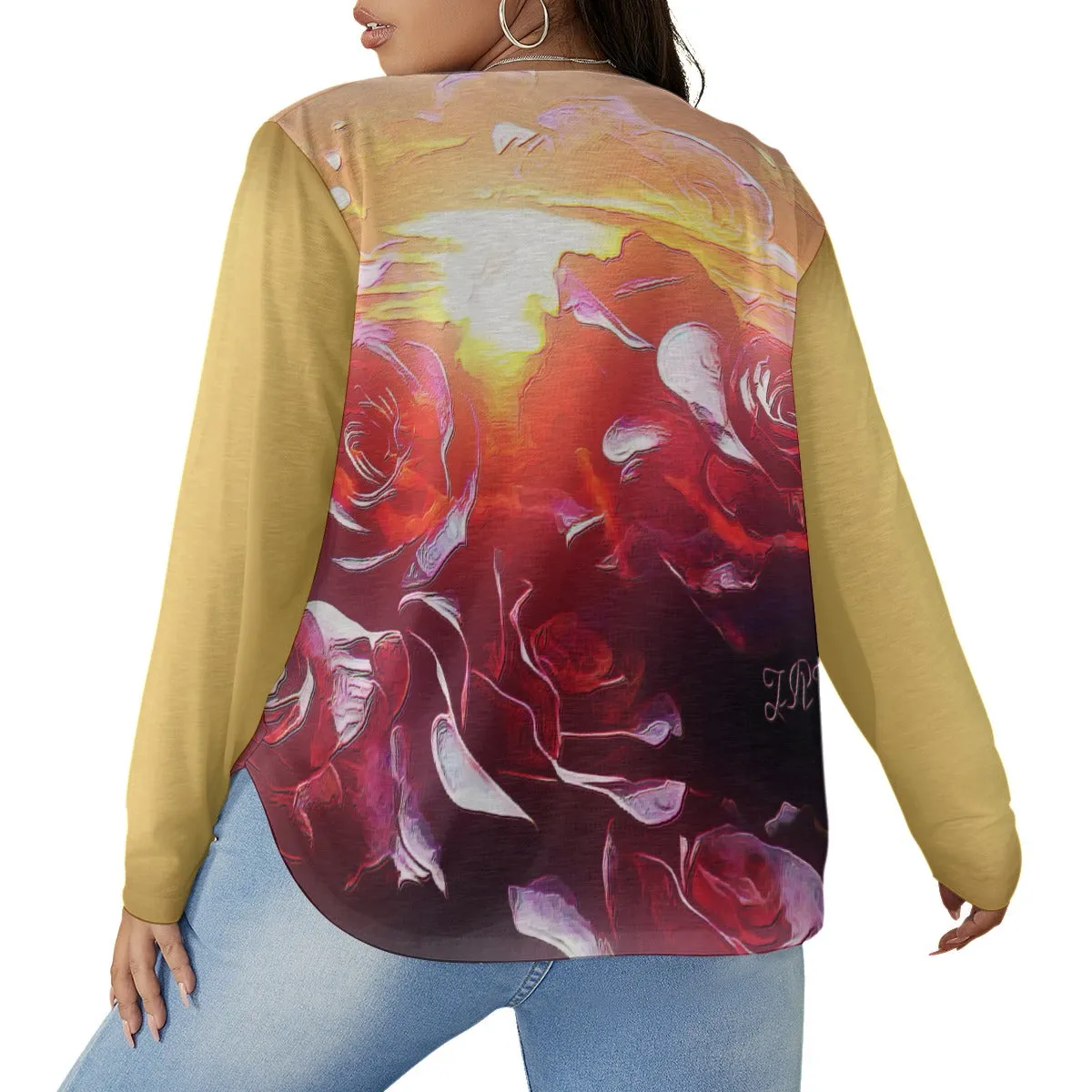 Floral Embosses: Rose Daydream 01 Designer V-neck Curved Hem Long Sleeve Plus Size Blouse