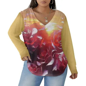 Floral Embosses: Rose Daydream 01 Designer V-neck Curved Hem Long Sleeve Plus Size Blouse