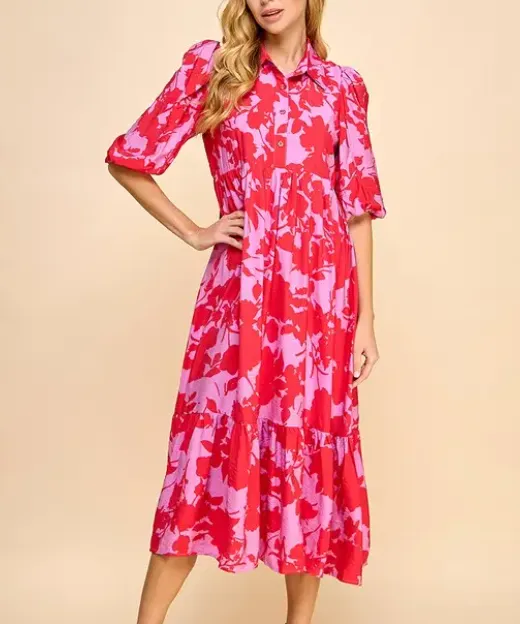 Floral Midi Dress - Red