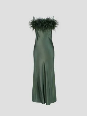 Green Boheme Feather-trimmed Satin Maxi Dress