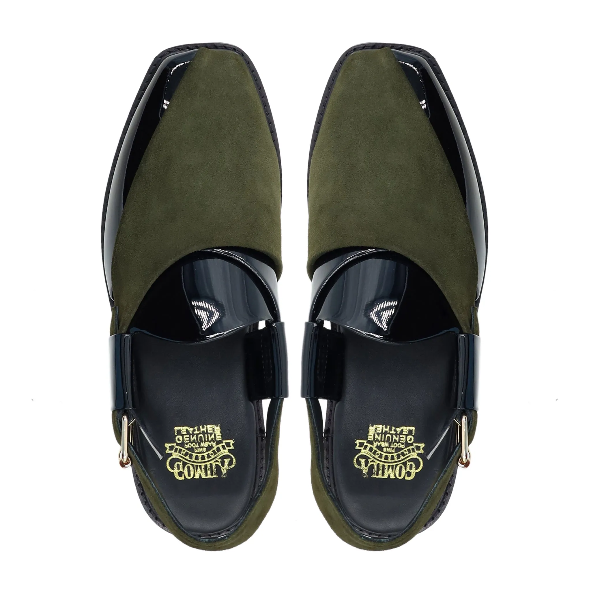 Hassium - Men's Black Patent And Olive Green Kid Suede Sandal