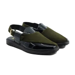 Hassium - Men's Black Patent And Olive Green Kid Suede Sandal