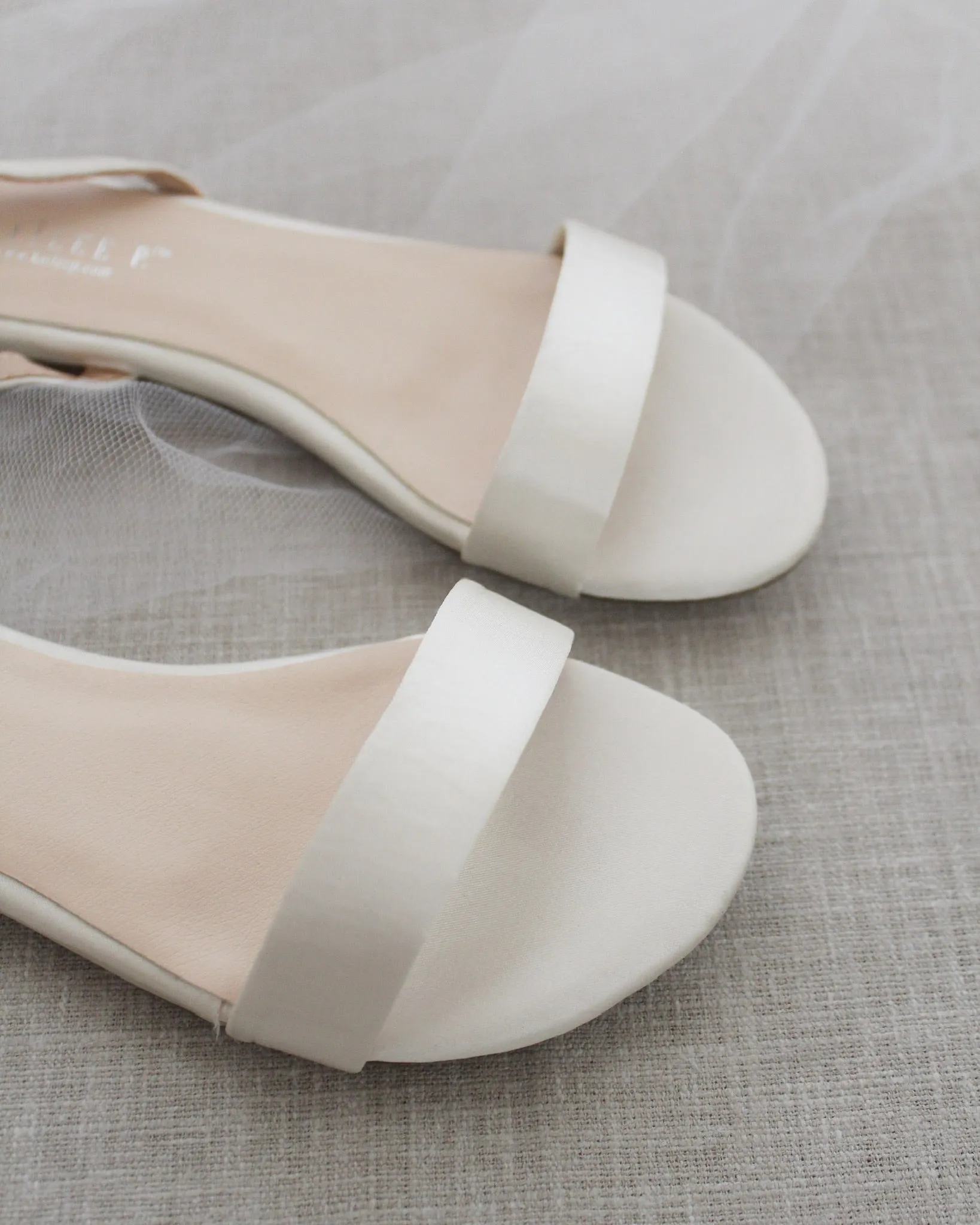 Ivory Satin Flat Sandal with Ankle Strap