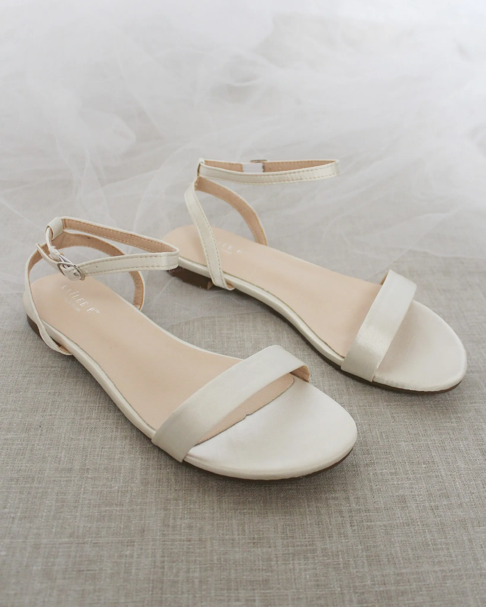 Ivory Satin Flat Sandal with Ankle Strap