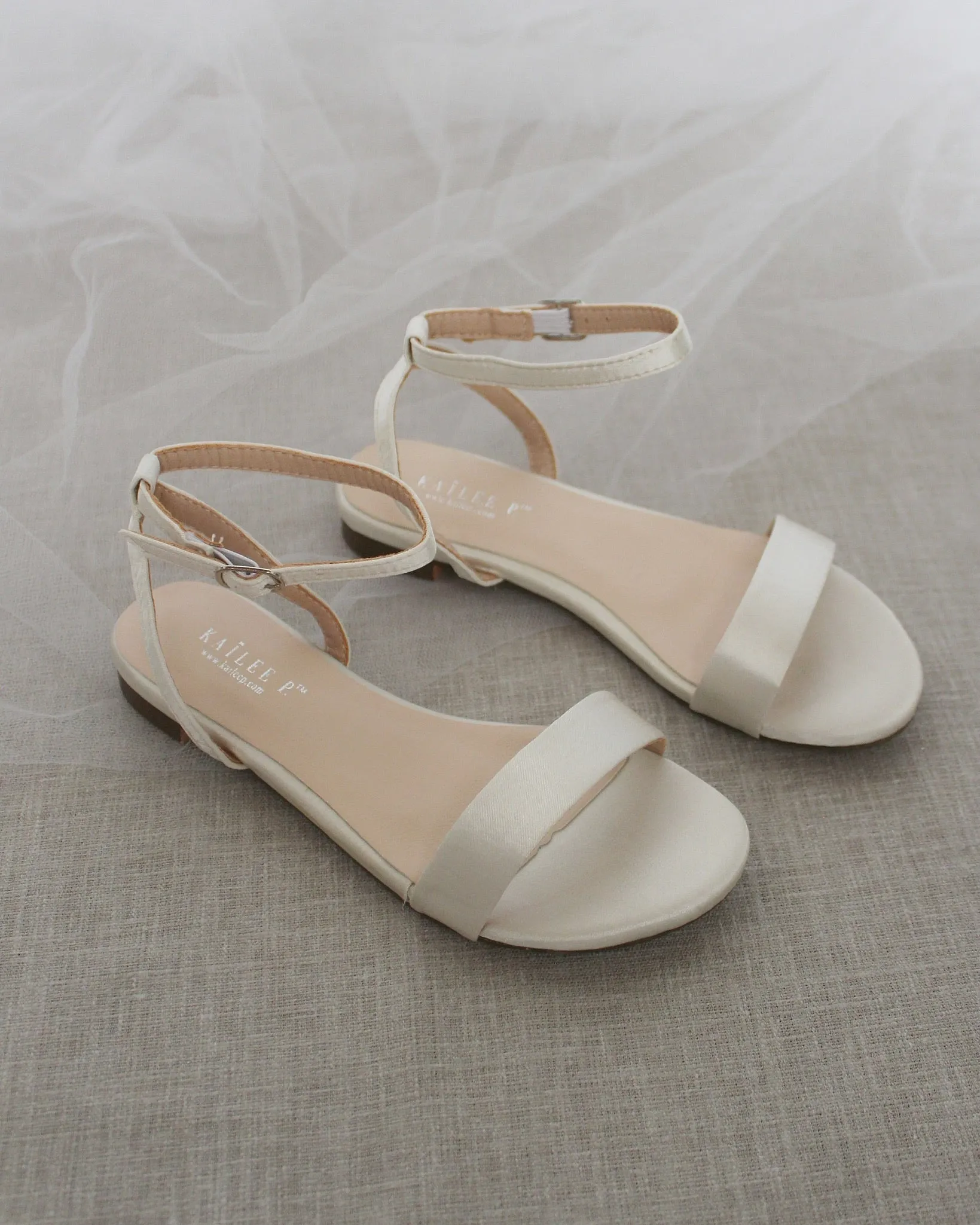 Ivory Satin Flat Sandal with Ankle Strap