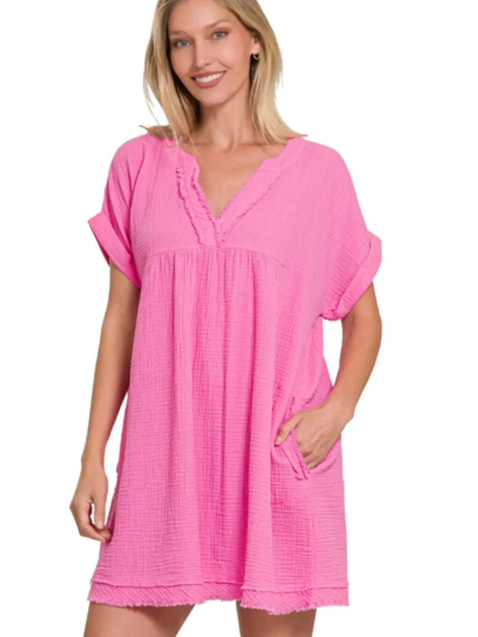 Looking Fly Gauze V Neck Dress  Candy Pink