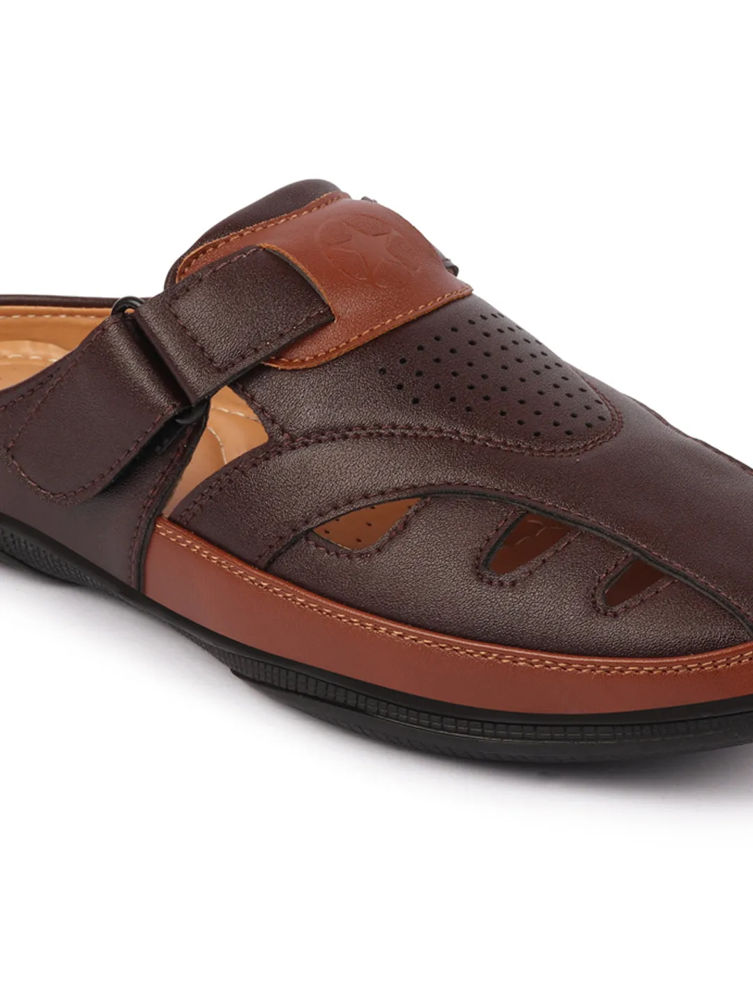 Men Brown Back Open Laser Cut Design Slip On Sandal with Ankle Strap