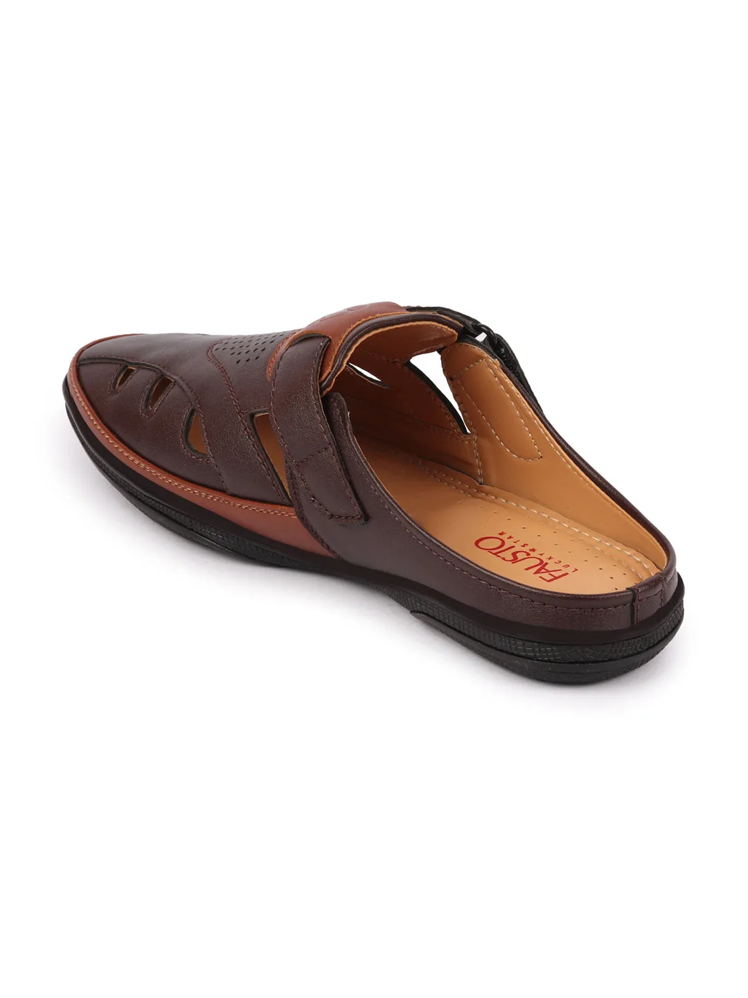 Men Brown Back Open Laser Cut Design Slip On Sandal with Ankle Strap