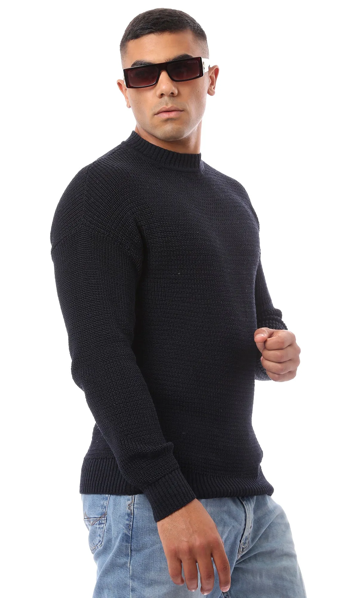 O171140 Acrylic Slip On Navy Blue Knitted Pullover