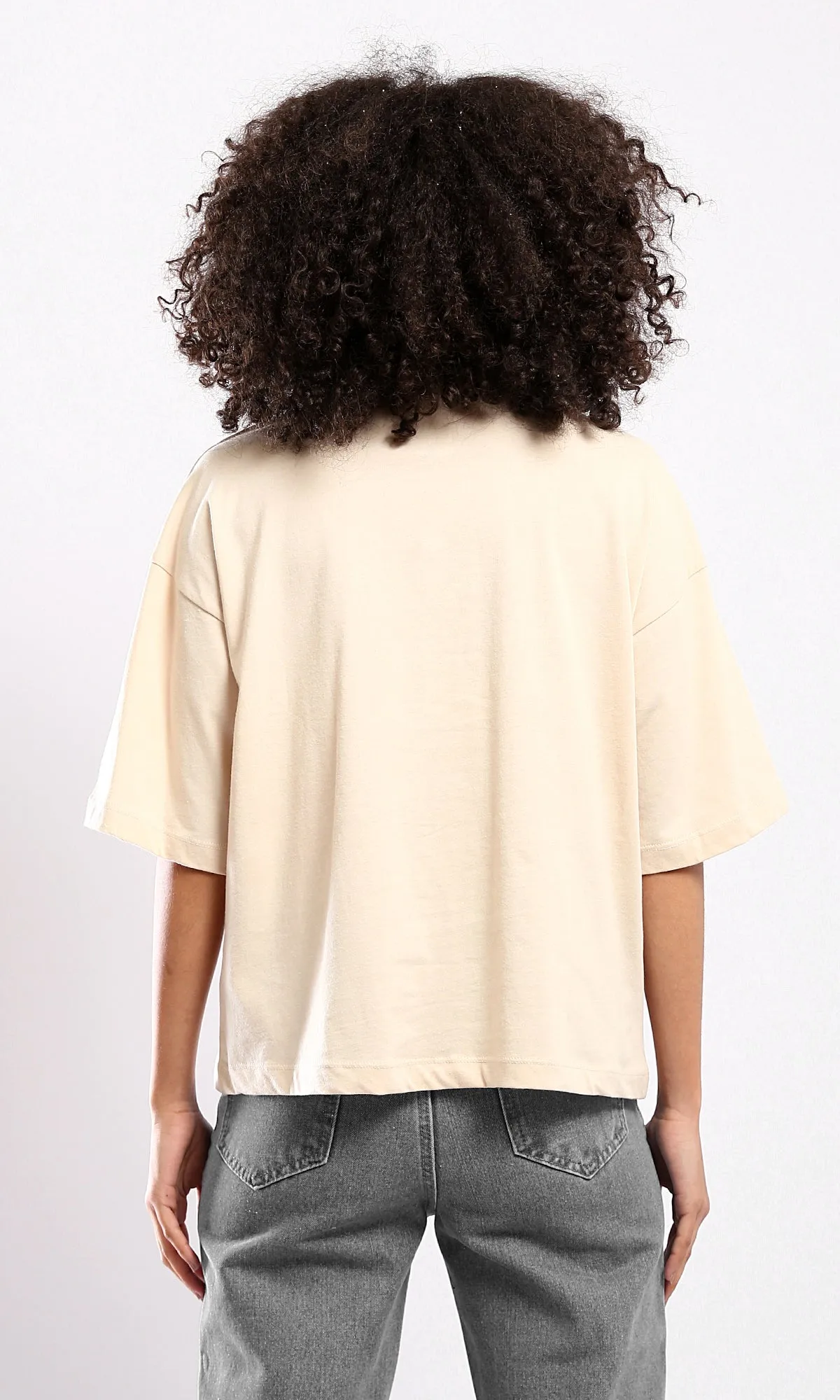 O179810 Beige Elbow-Sleeves Tee With Crew Neck