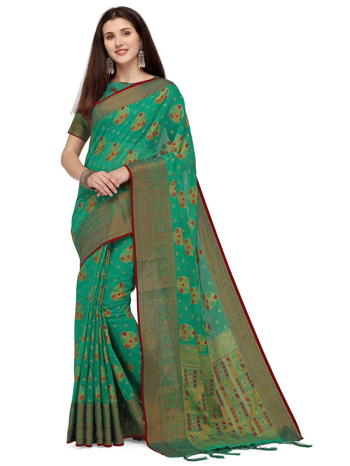 Odette Women Green Banarasi Silk Work Saree Unstitched Blouse