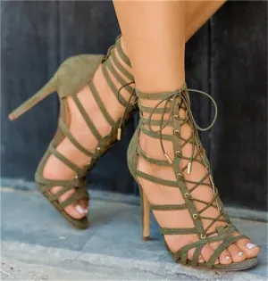 Quality Women Fashion Open Suede Leather Straps High Gladiator Lace-up Thin Heel Sandals Dress Shoes