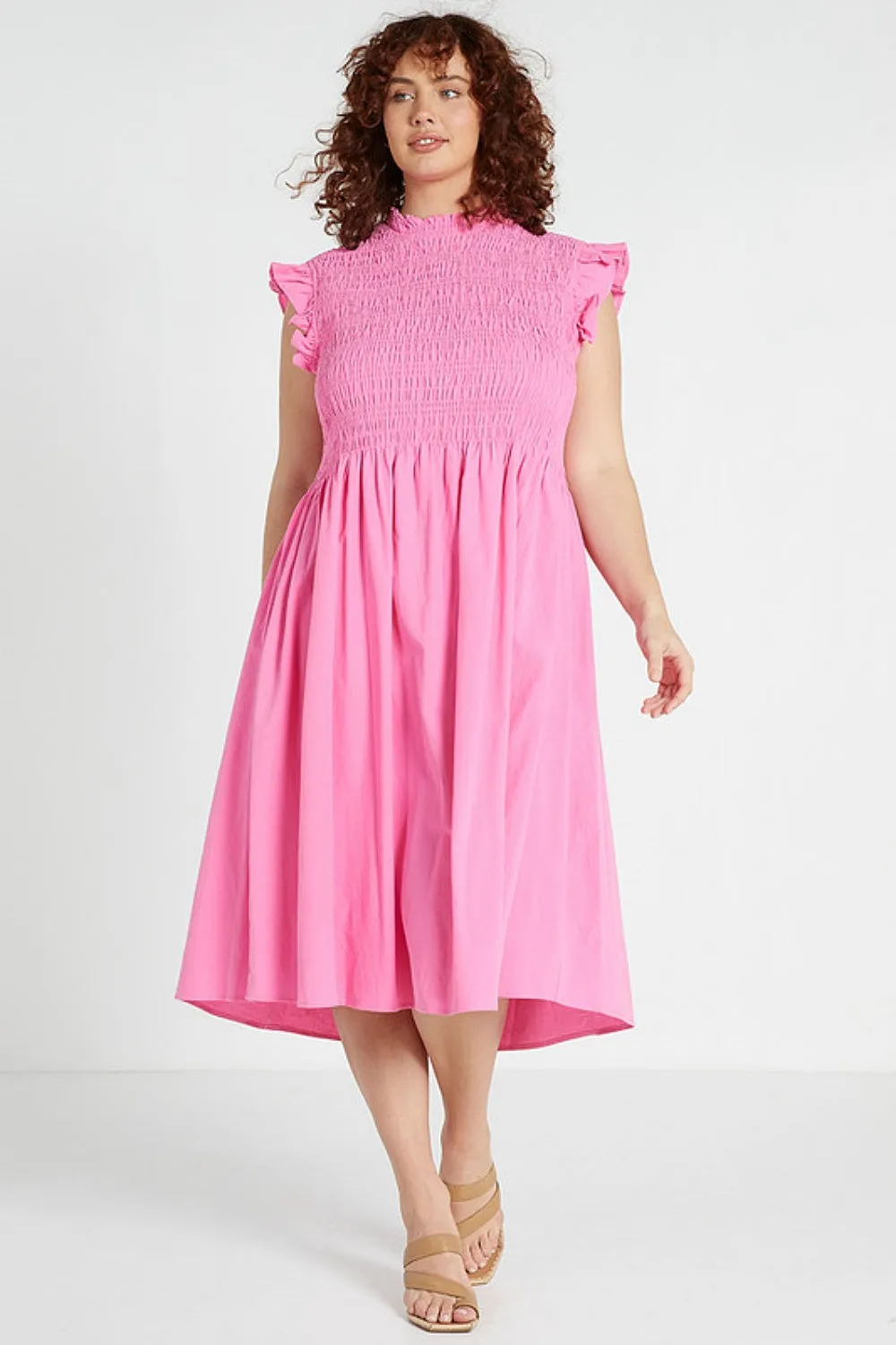 SHIRRED MIDI DRESS PINK