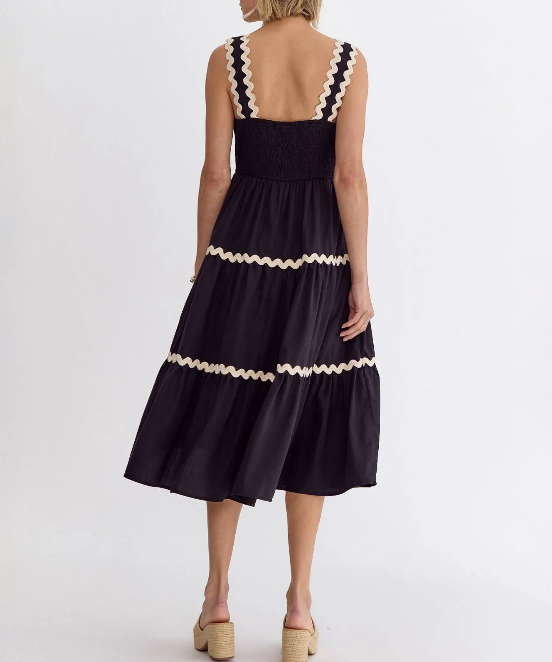 Square Neck Midi Dress with Rick Rack Trim - Black