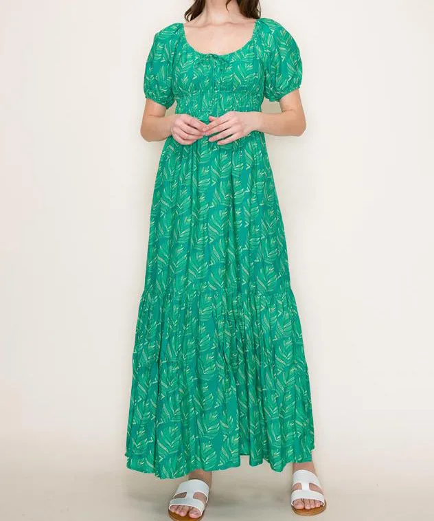 Tiered Floral Print Maxi Dress - Green