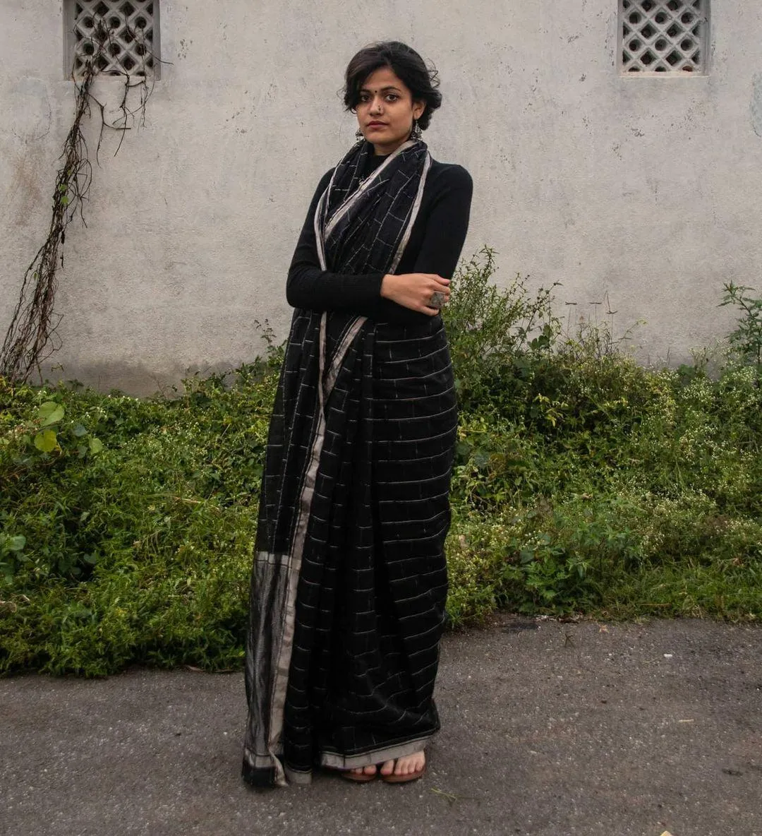 Utsav Black silk cotton silver Zari Chanderi Saree