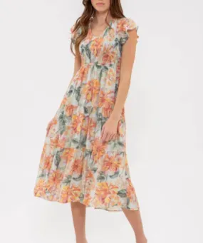 V-Neck Floral Midi Dress - Mint Multi