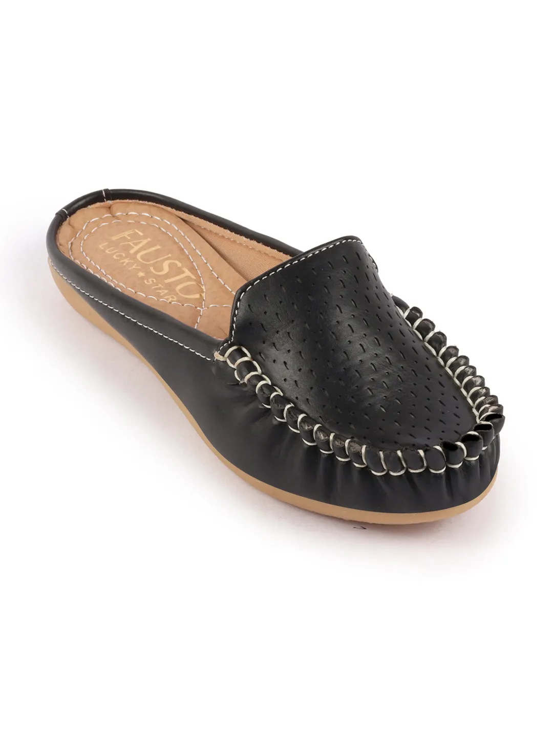 Women Black Side Stitched Laser Cut Design Back Open Slip On Mules Shoes