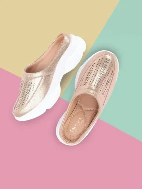 Women Golden Laser Cut Design Stitched Back Open Slip On Mules Shoes