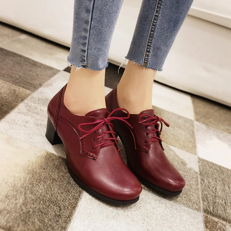 Women's Pu Leather Square Toe Tied Lace Up Stitching Block Heel Chunky Heels Oxford Shoes